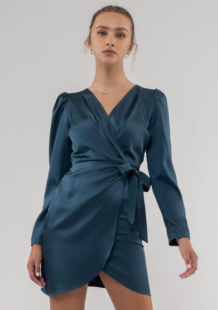 Teal Wrap Satin dress
