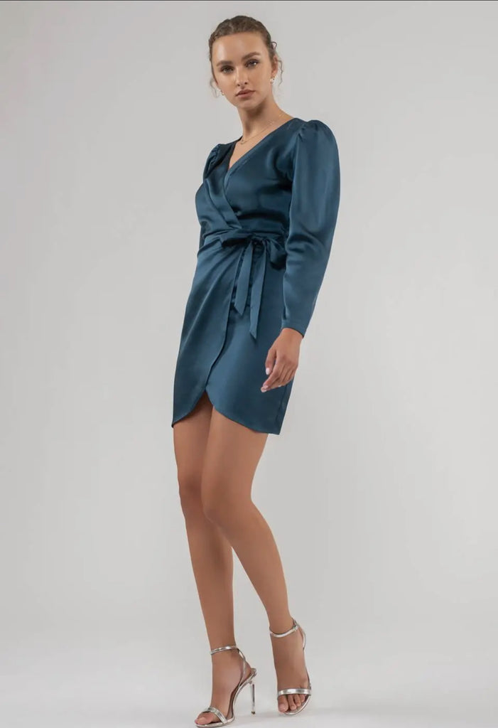 Teal Wrap Satin dress