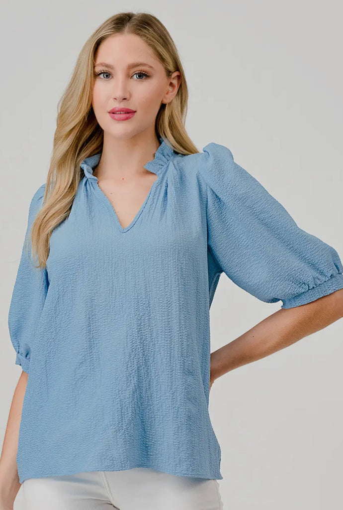 Blue Ruffle Collar Blouse
