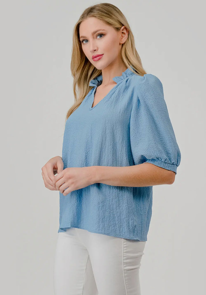 Blue Ruffle Collar Blouse