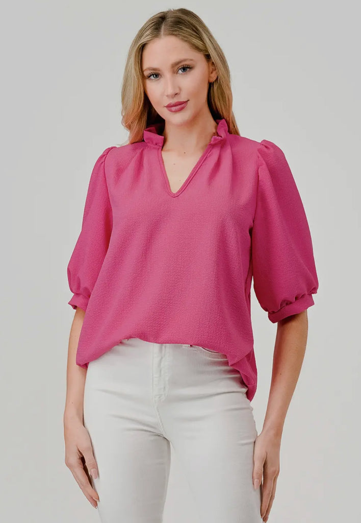 Pink Ruffle Collard Blouse
