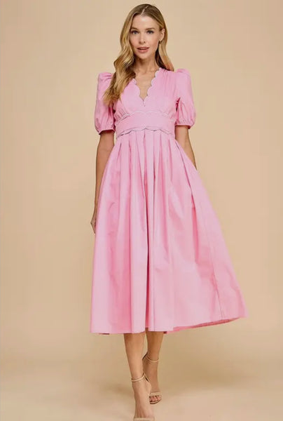 pink midi dress with sleeves Pink Scallop Midi Dress – Park Boutique