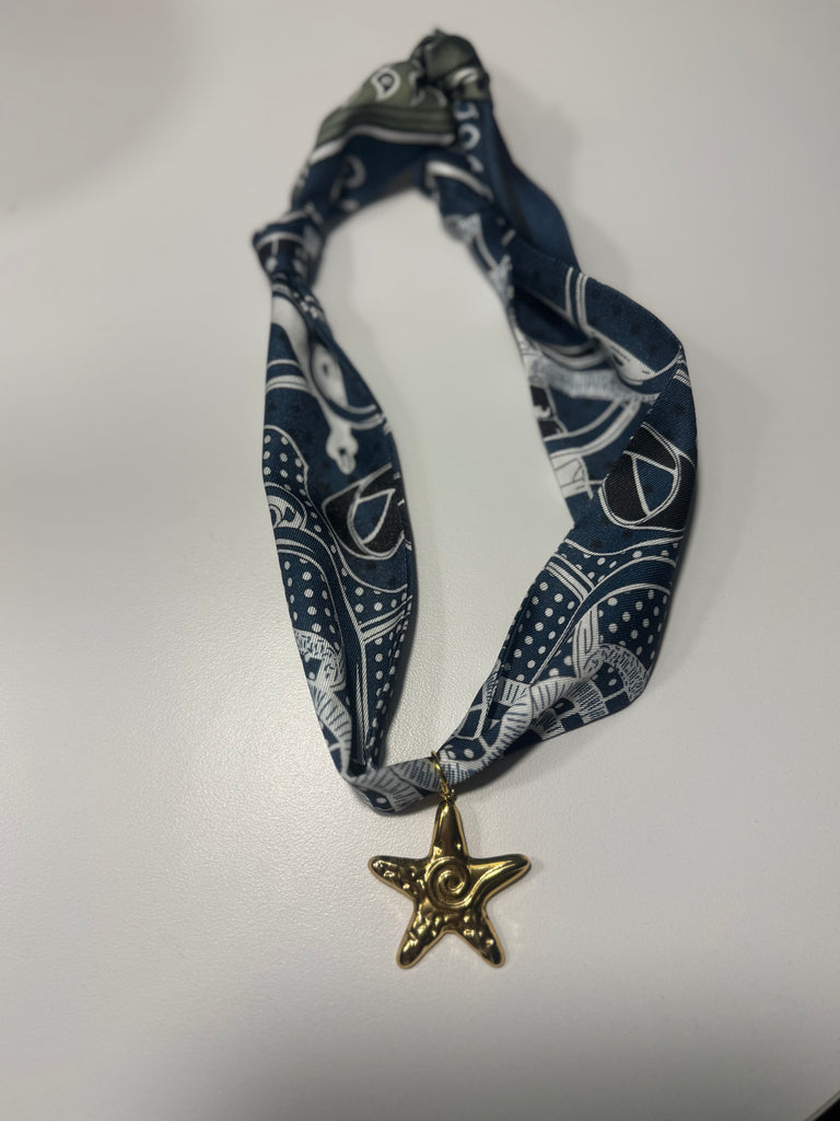 Navy/white starfish charm scarf necklace