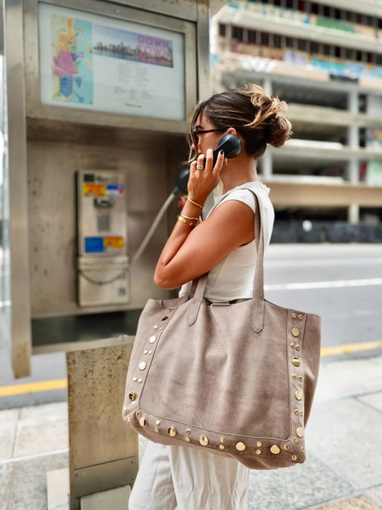 Taupe suede studded tote