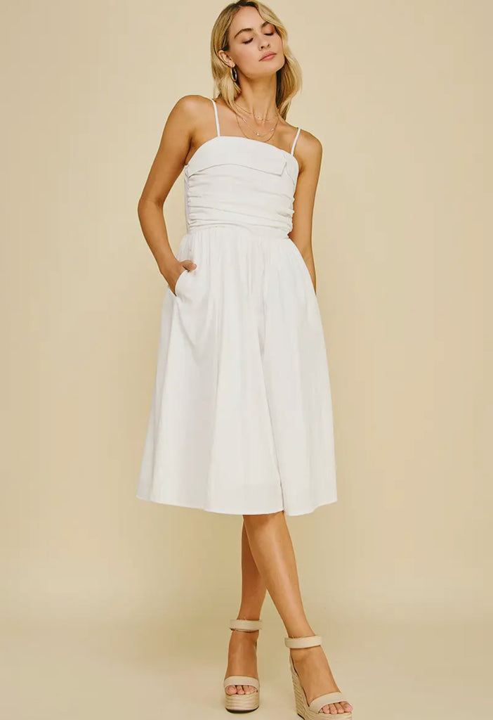 White shirring midi dress