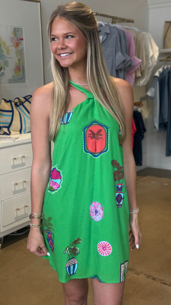 Postcard print halter dress