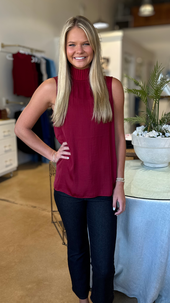 Crimson ribbed neck sleeveless top