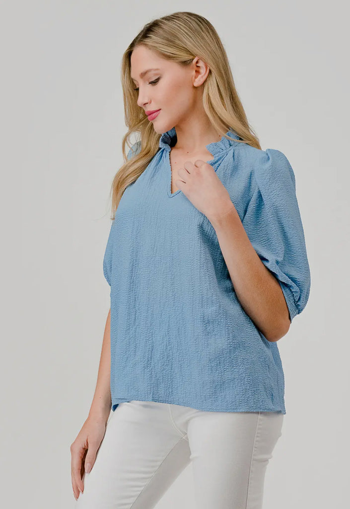 Blue Ruffle Collar Blouse