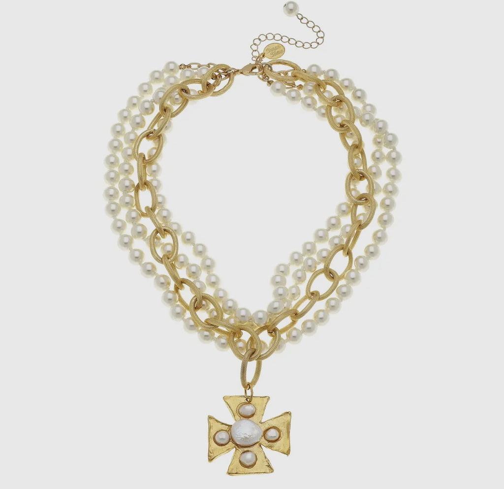 Layered Pearl Cross Necklace