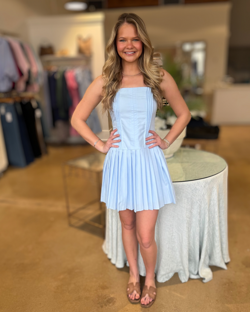 Blue Tie shoulder Pleated dress