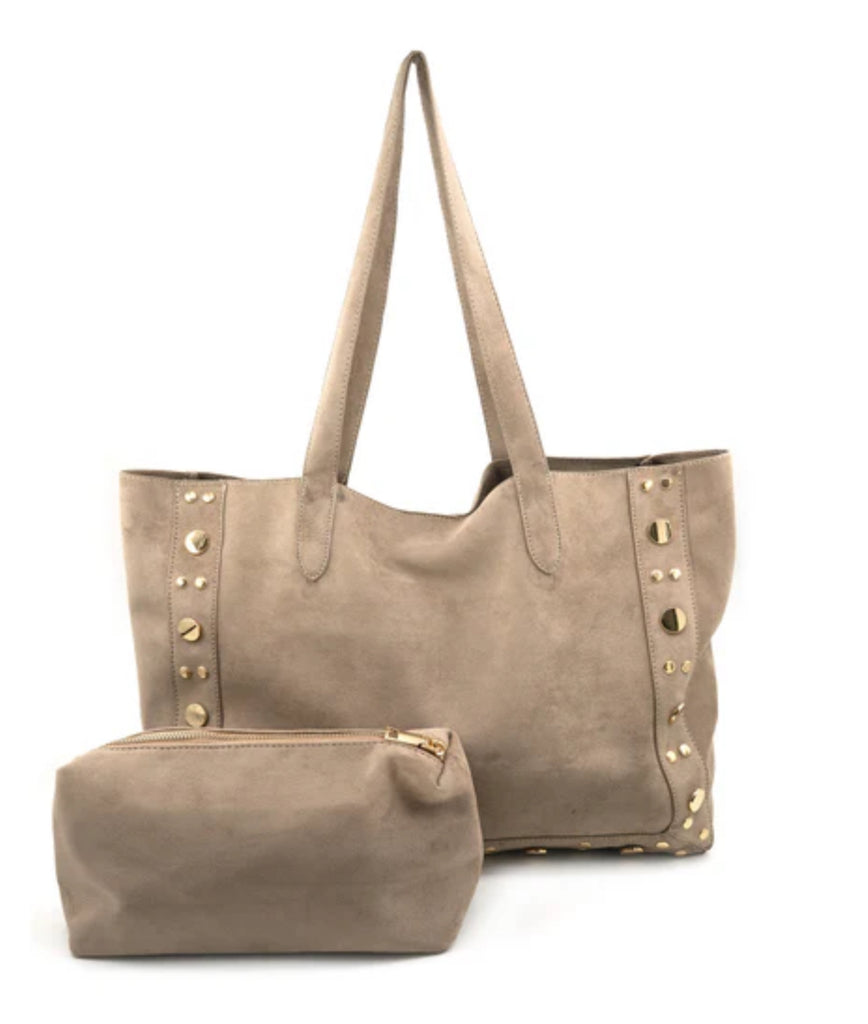 Taupe suede studded tote