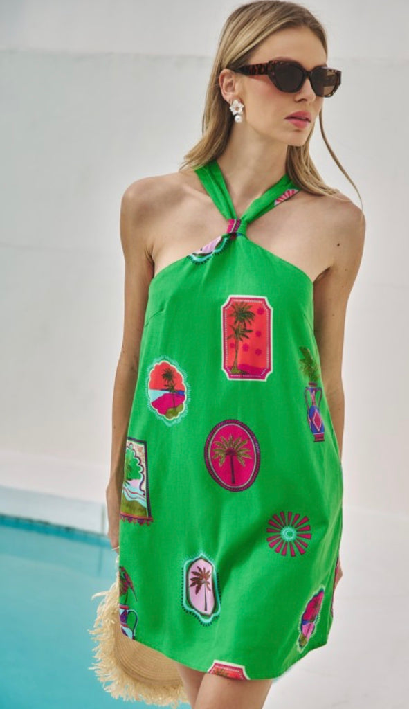 Postcard print halter dress