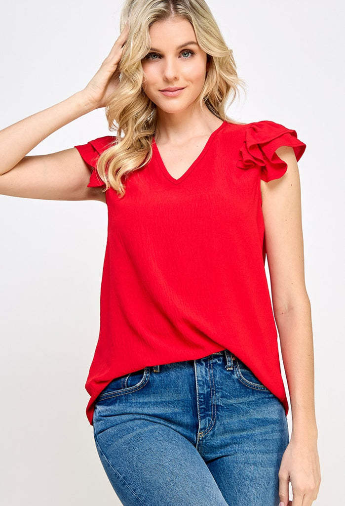 Red V Neck double Ruffle Top