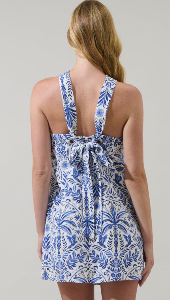 Blue tropical halter dress