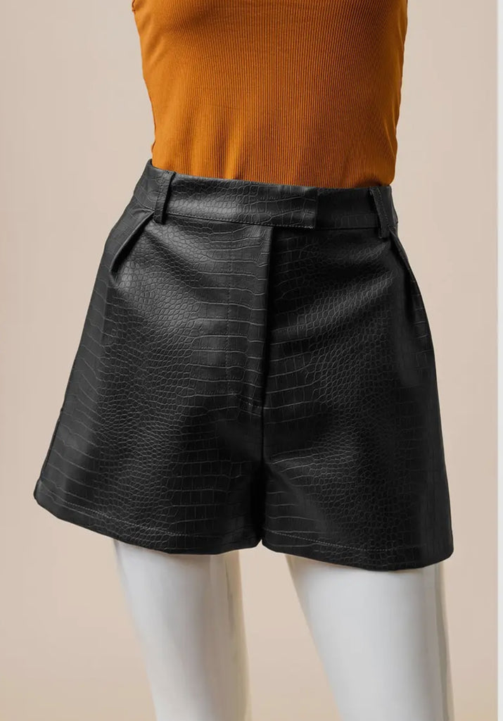 Black Leather Croc Shorts