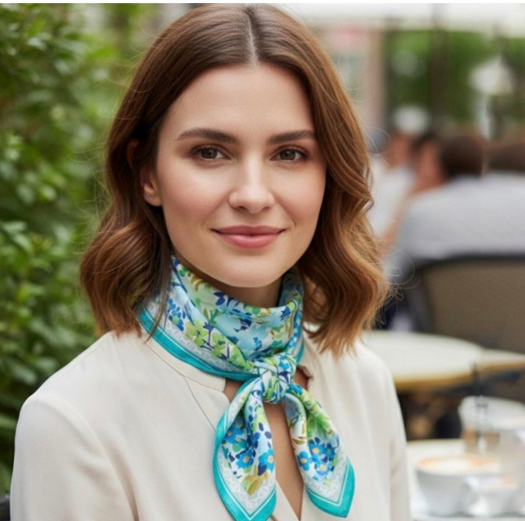 Blue green floral silky scarf