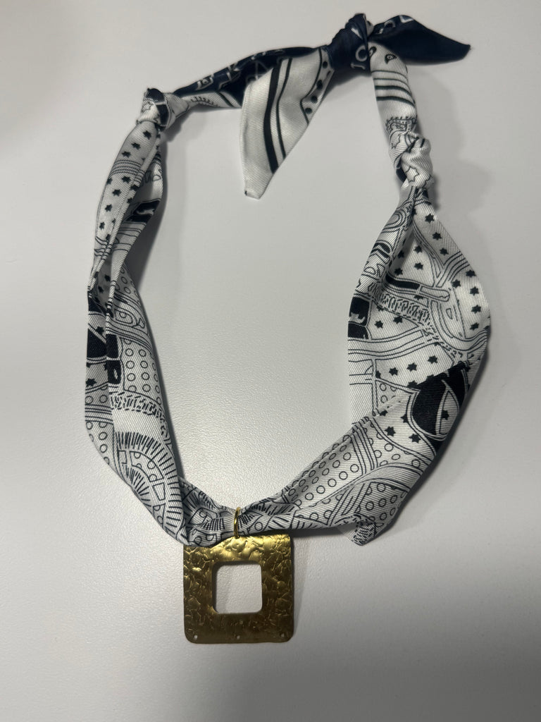 Blk/white square charm scarf necklace