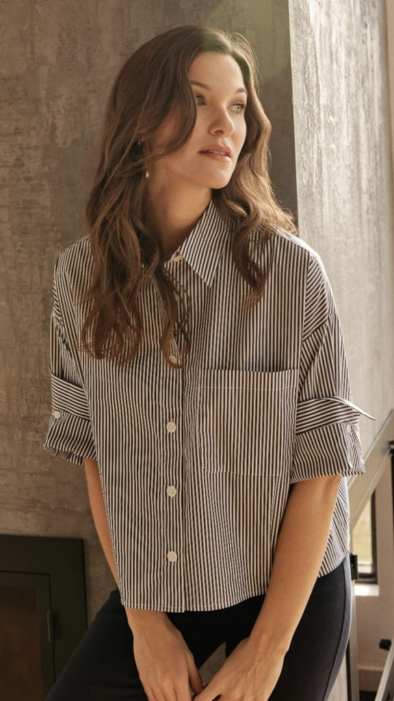 Stripe button down cuffed blouse