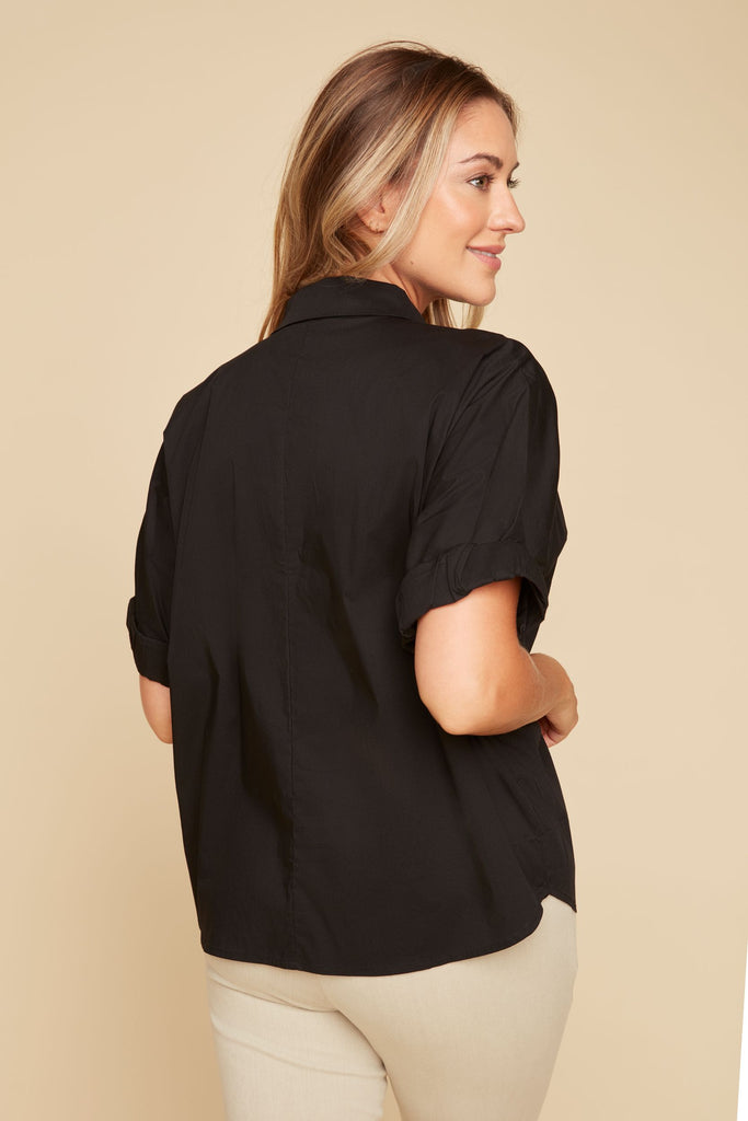 Black Short Sleeve Button Blouse