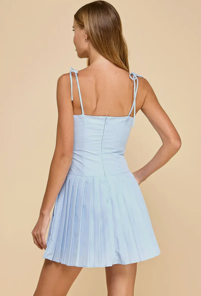 Blue Tie shoulder Pleated dress