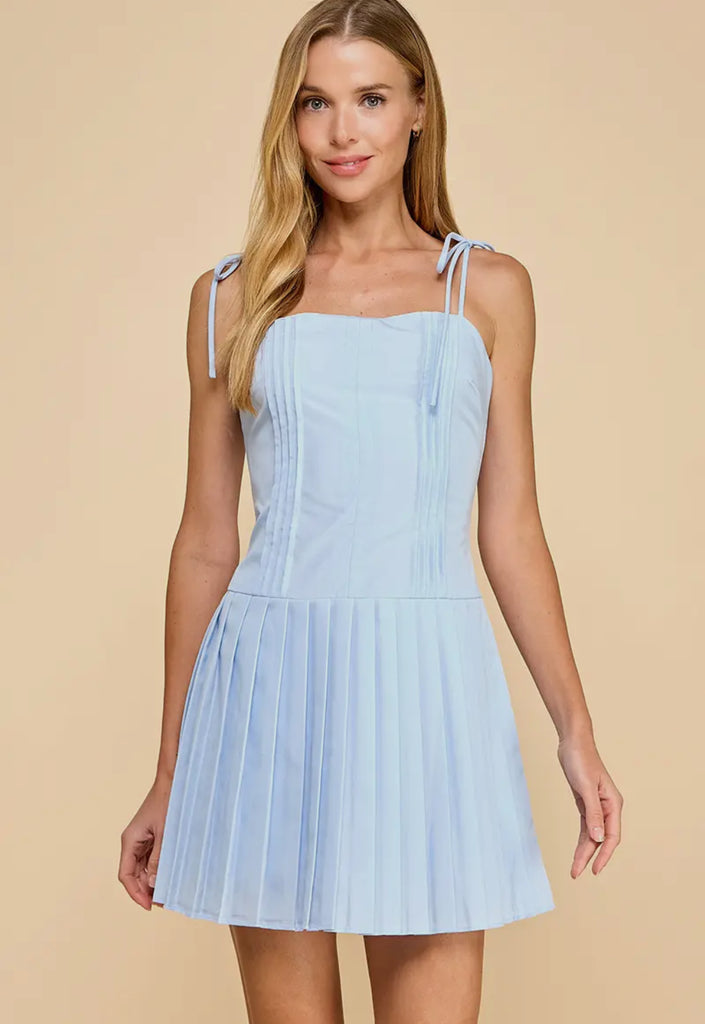 Blue Tie shoulder Pleated dress