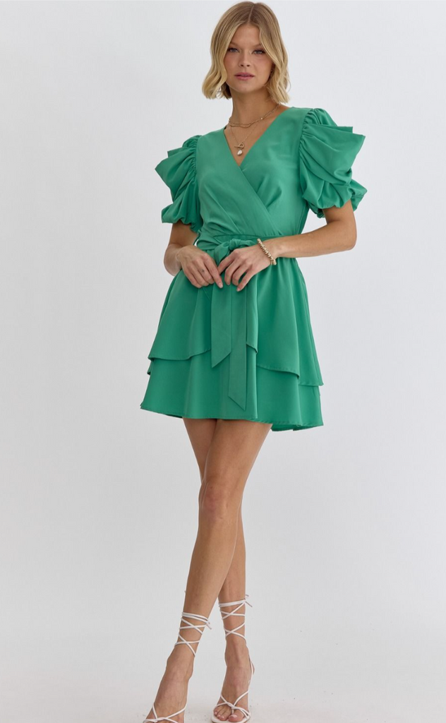 Green Short Sleeve Tiered Dress