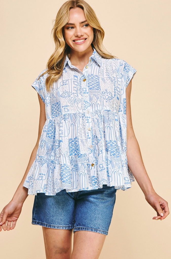 Blue Print Button Down Blouse