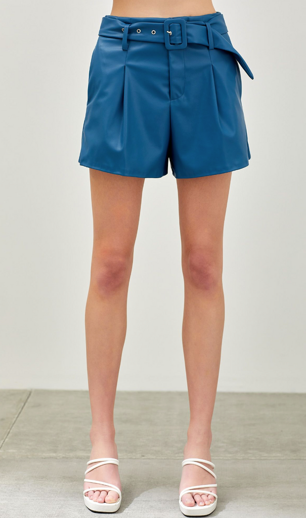 Blue Belted Leather Shorts